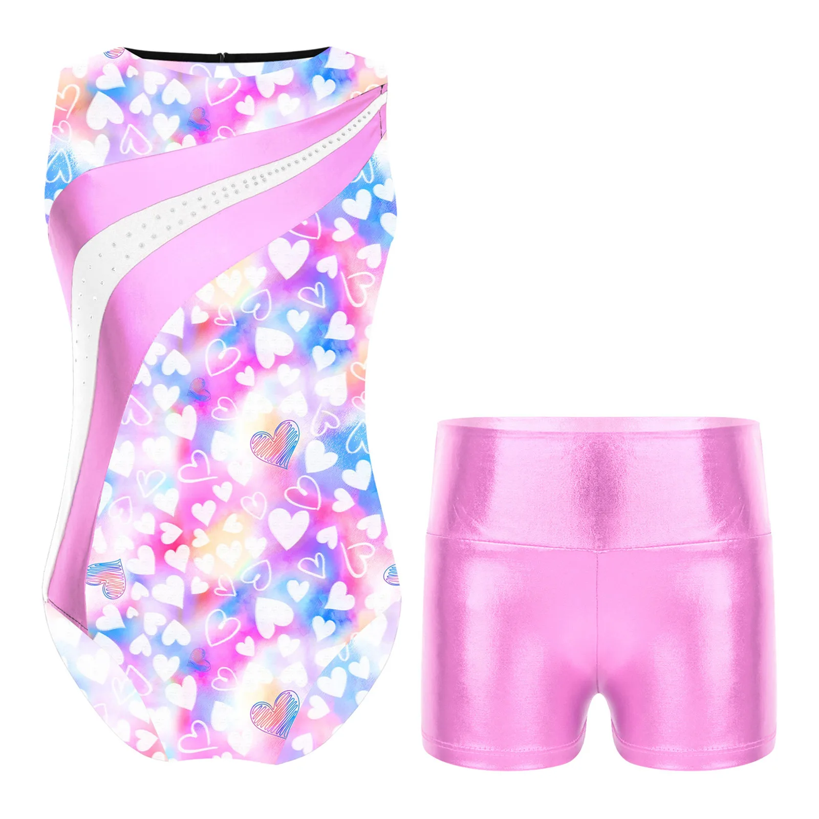 TiaoBug 2Pcs Kids Girls Gymnastic Sport Bodysuit with High Waist Dance Shorts Set Sleeveless Print for Yoga Training Skating