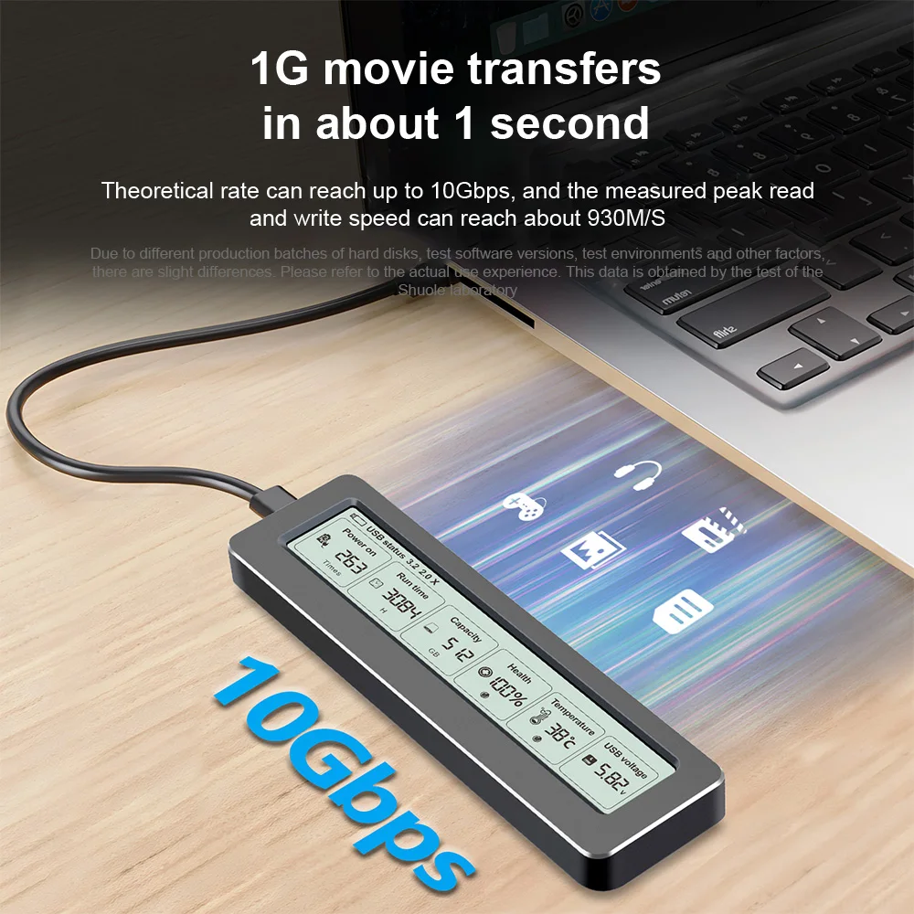스마트 디지털 디스플레이 M.2 하드 디스크 박스 2280 NVME PCI-E 고속 USB C 3.2 메탈 방열 솔리드 모바일 하드 디스크 박스