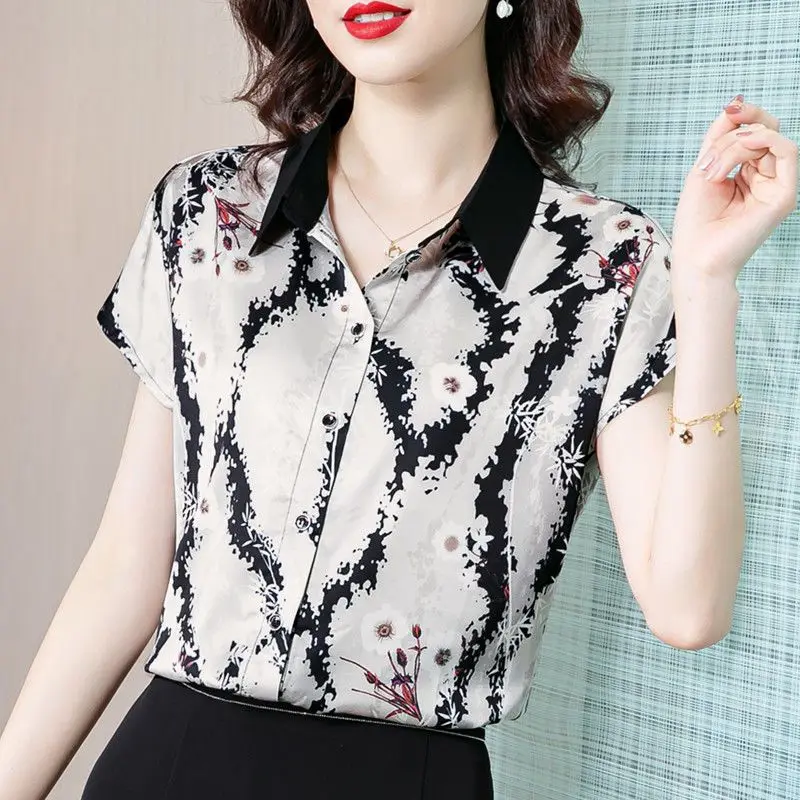 

Summer Women's Clothing Turn-down Collar Short Sleeve Plant&Flowers Tie Dye Cardigan Button Flattering Shirt Trendy Chic Tops