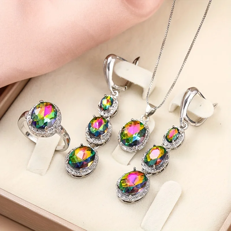 1 Pair Of Earrings + 1 Necklace + 1 Ring Elegant Jewelry Set Inlaid Shining Zirconia Engagement/ Wedding Jewelry Gift For Female - 2
