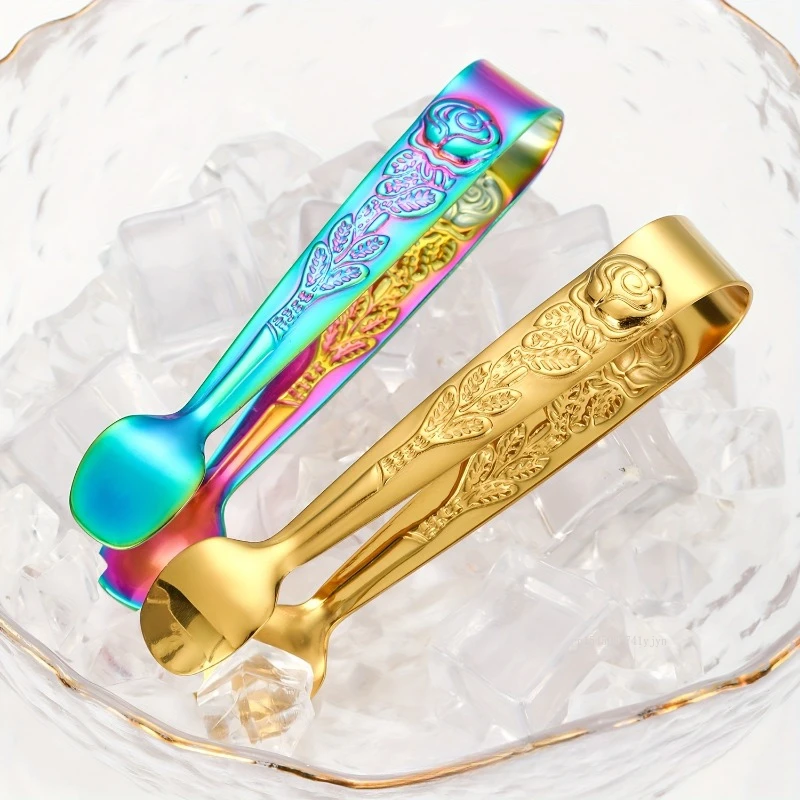 Vintage Colored Roses Ice Clip Stainless Steel Sugar Ice Cube Clip Portable BBQ Salad Barbecue Tongs Kitchen Bar Supplies