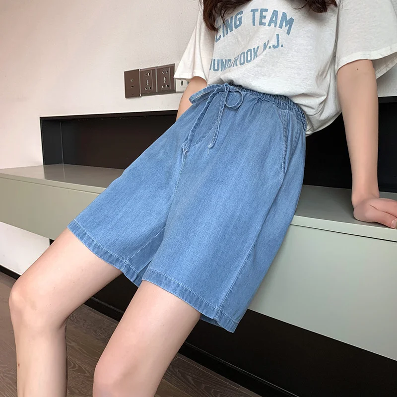 Wide Leg Jeans Shorts Summer Lyocell Straight Shorts for Women High Waist Casual Thin Female Pants Plus Size Loose Bottoms