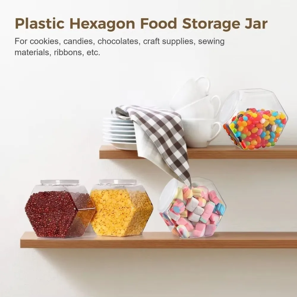 Portable Hexagonal Candy Cookie Jar Plastic with Lid Packaging Jars Clear Sealed Food Storage Container Countertop Organizer