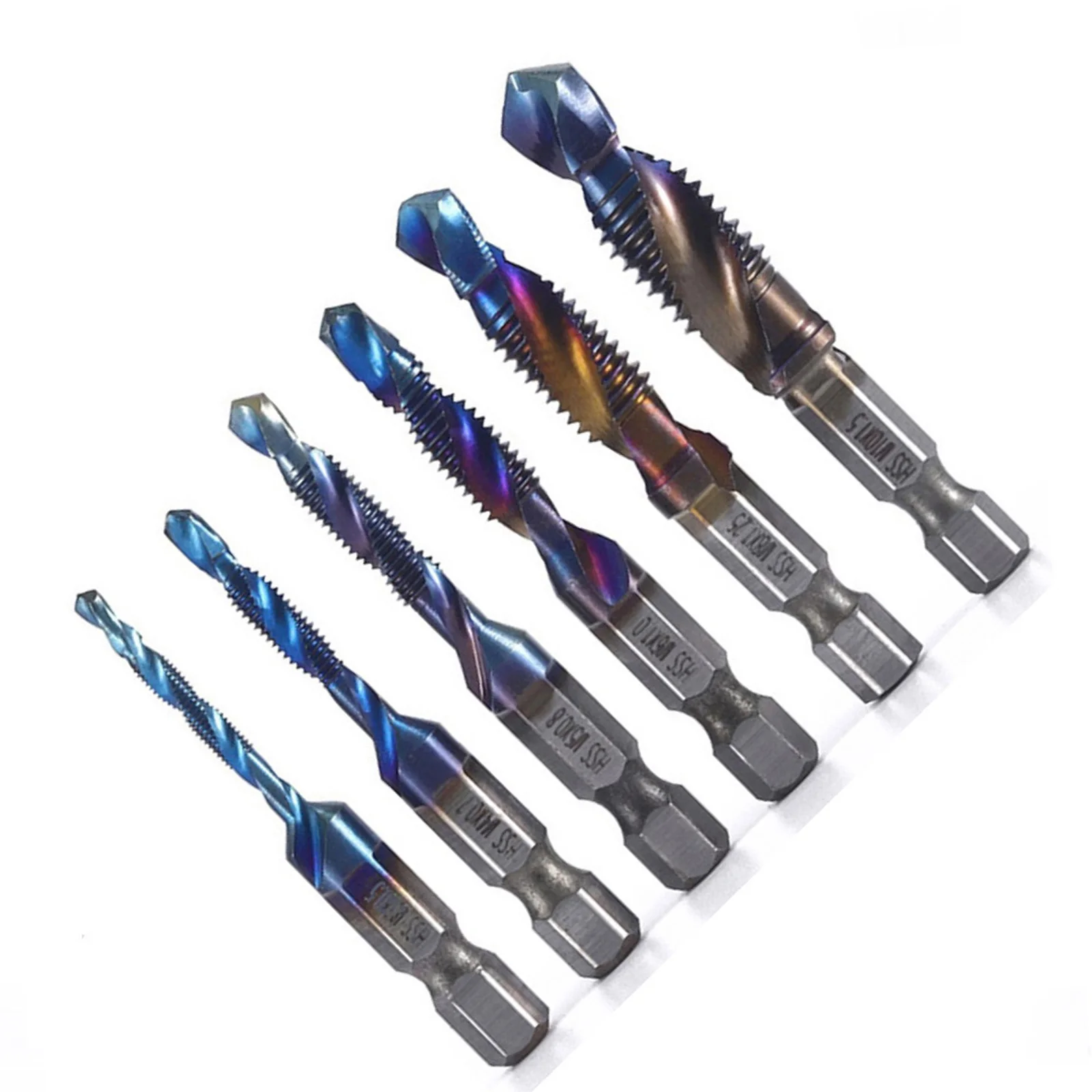 

6pcs Hex Shank Titanium Plated Thread Metric Tap Metric Tap Drill Bit M3 M4 M5 M6 M8 M10 Screw Machine Compound Thread Hand Tool