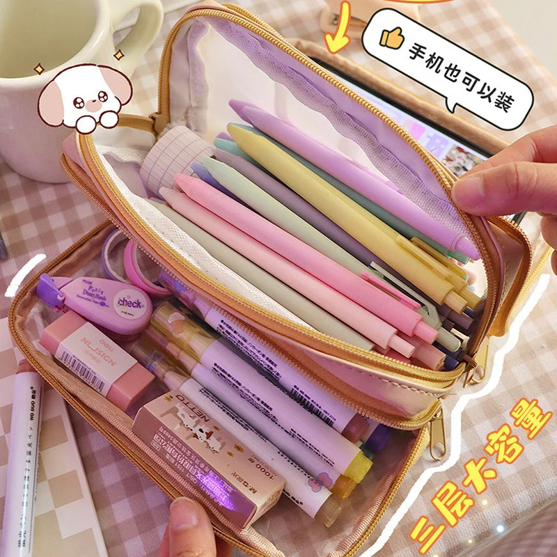 Cute Pencil Bag Transparent PVC Student Cartoon Pencil Case Large Capacity Kawaii Bag Korean Stationery