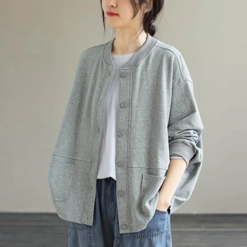 thumbnail image 1 of Chaquetas para mujer, ropa de moda coreana, holgadas, de gran tamaño, con cuello redondo, cárdigans sólidos, abrigos de manga larga con una sola botonadura, blusas para mujer, 1 of 4