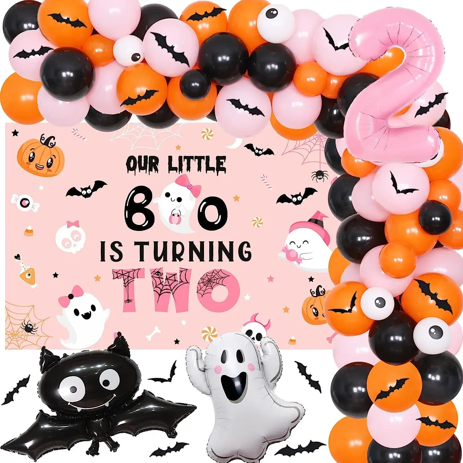 

Halloween Balloon Garland Kit for Girls, 2nd Birthday Party Decor, Bat, Ghost, Our Little Boo is Turning Two Backdrop