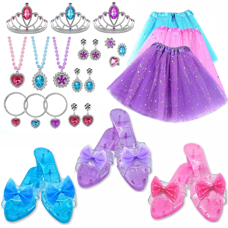 Princess Dress Up Role Play Jewelry Set for Girls, Pretend Play Fashion Accessories with High Heel Shoes, Crowns, Necklaces Girl