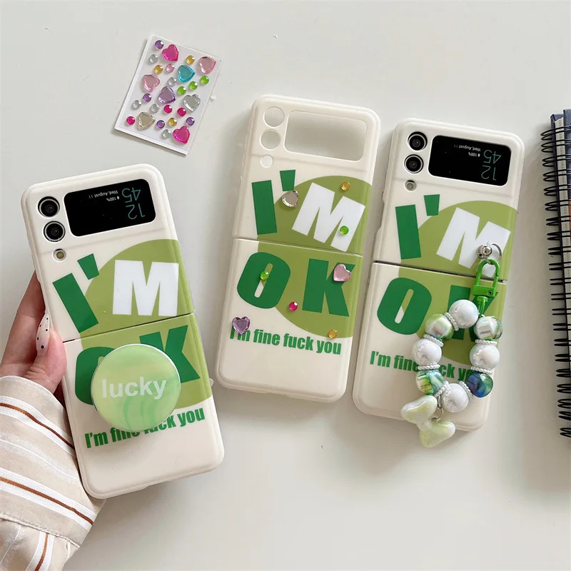 Semplice Custodia Per Telefono Con Lettera Inglese Verde Con Supporto Per Samsung Galaxy Zflip 4 3 Custodia Rigida Per Flip3 Zflip4 Solid Shell Bracke