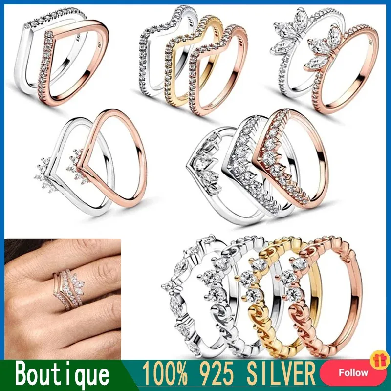 New Women's Popular Ring 925 Sterling Silver Original Logo Brilliant Wishing Bone Shining Crown Wave Ring DIY Charming Jewelry