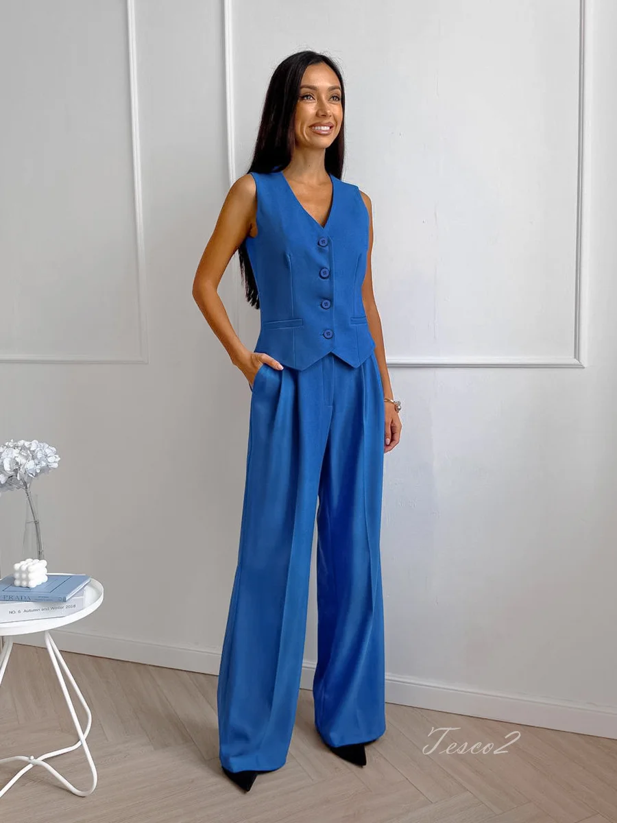 Tesco New Women Suit Sets Sleeveless Jacket And Wide Leg Pants Casual Pant Sets 2 Piece Holiday Outfits For Women Spring Summer