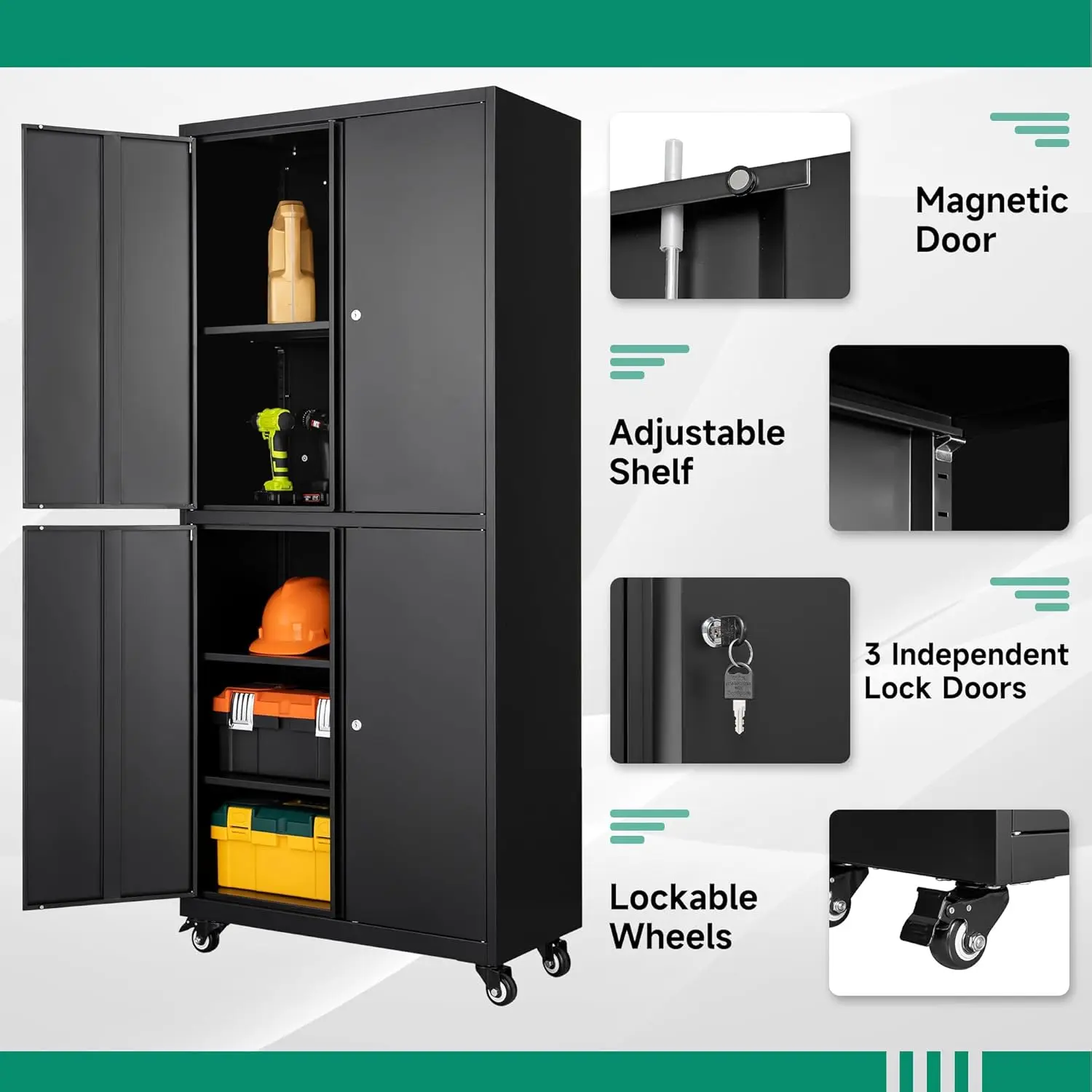 Metal Garage Storage Cabinet with Wheels,Steel Tool Rolling Cabinets with Lock Door and Adjustable Shelves fro Home 5