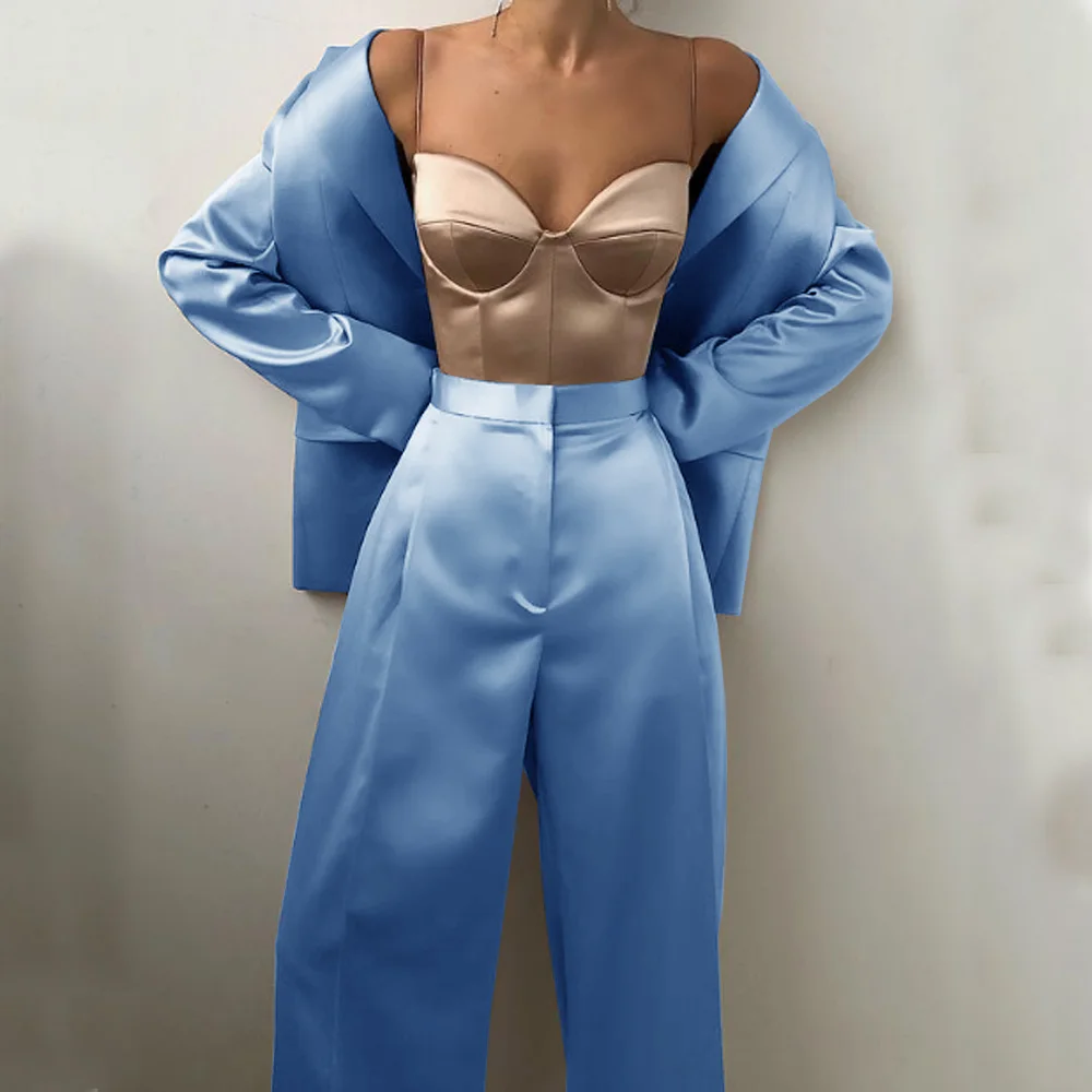 Women's Full Suit Street Fashion Style Elegant Ladies Casual Simple Satin Two Piece Suit (jacket + Pants) Single Breasted