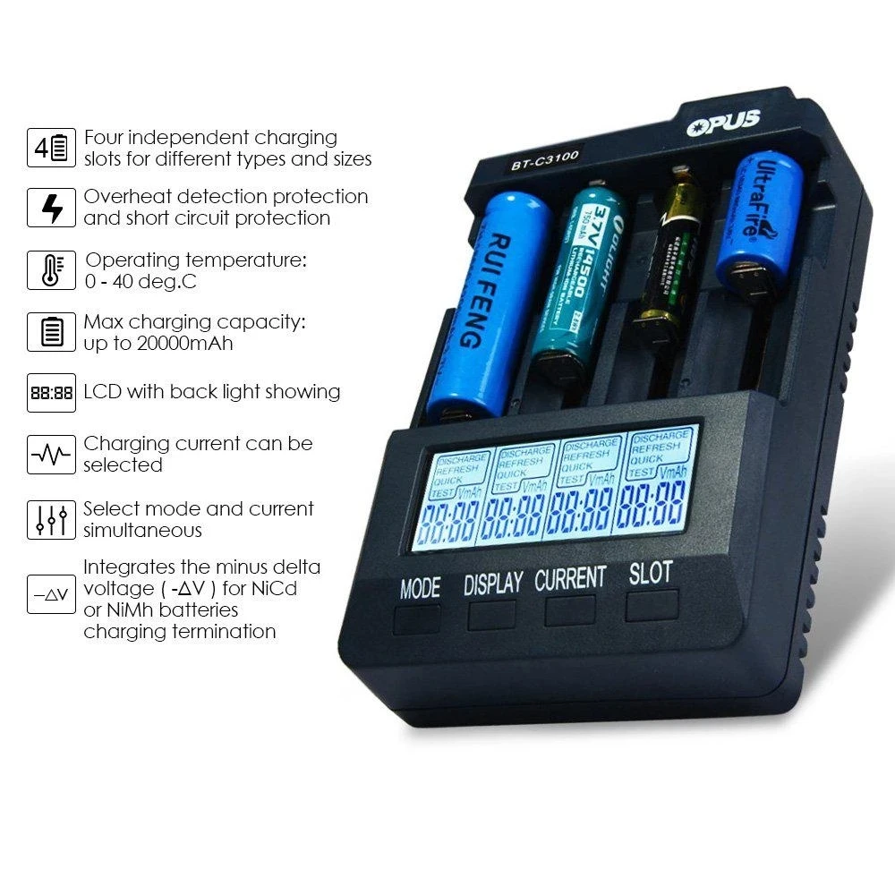 

Standard Battery Charger Opus BT-C3100 V2.2 Digital Intelligent 4 Slots AA/AAA LCD Battery Charger tool parts