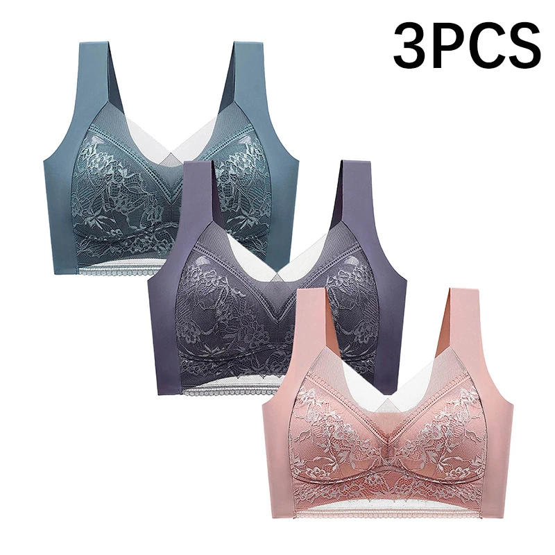 Lace Seamless Push-Up Bra Set - Womens Ice Silk Bralette Lingerie 3PCS