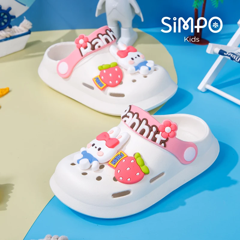 Sandals For Girls & Boys Cartoon Bear & Rabbit Charms Slip On Closed Toe Clogs Lightweight Anti-slip Hollow Kids Garden Shoes