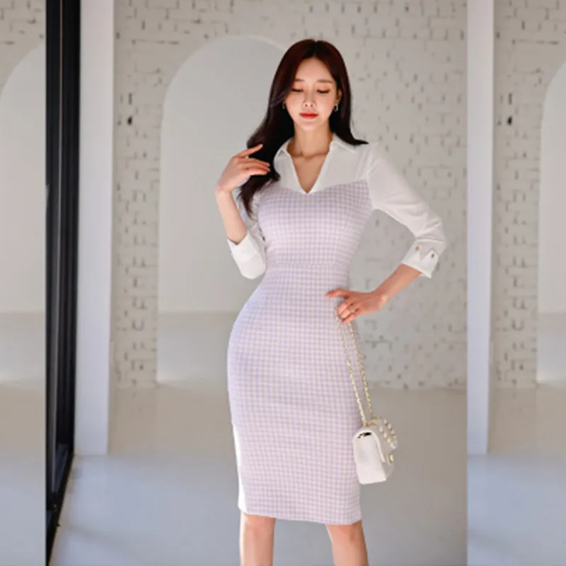 

Autumn Korean Fashion Patchwork Seven-Point Sleeves Slim Temperament Elegant Dress Women Bag Hip Bodycon Dresses Female Clothing