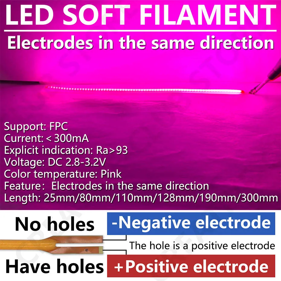 LED-Filament, flexibel, DC3V, 25, 80, 110, 128 190, 300 mm, DIY-Edison-Glühbirne, Lampenteile, Diode, freier Schnitt, flexibles Filament + – auf einer Seite – Detail 10