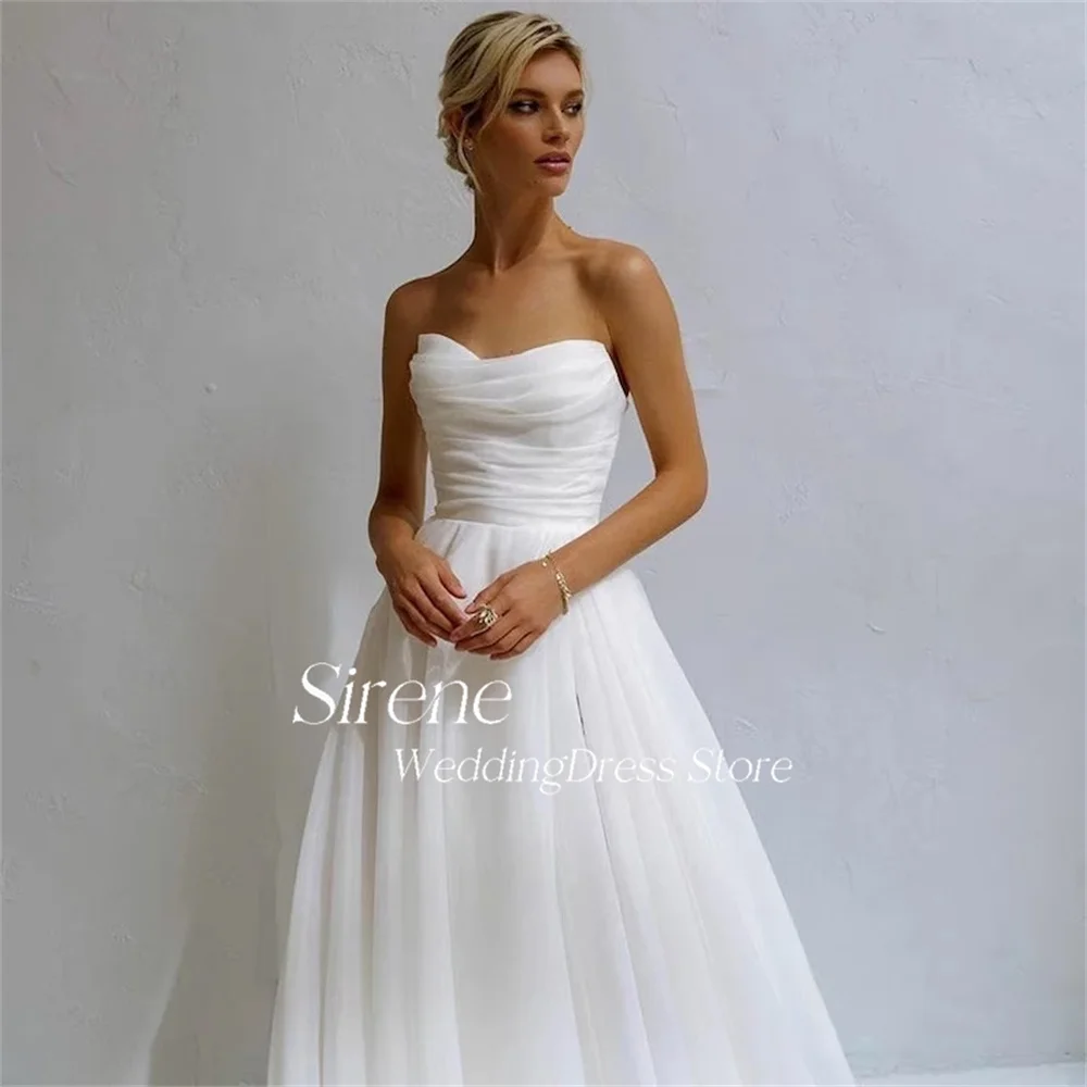 Sirene Simple Sweetheart High Side Slit Pleated Tulle Weeding Dress Sexy A-Line Sleeveless Floor Length Backless Bride Gown 2024
