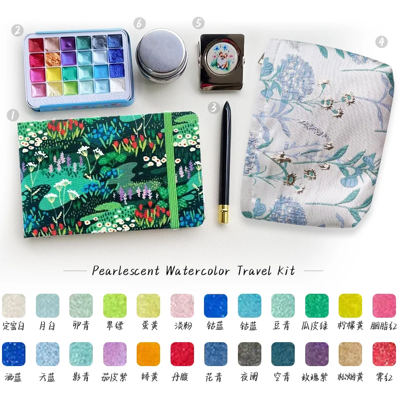 Pearlescent Watercolor Travel Kit-24 Colorsx1ml, 142x90mm Pure Cotton Fine Grain Pad & Chinese Embroidery Organizer with Brush