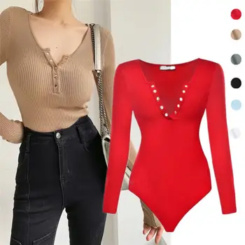 Long Sleeve Gold Button Detail Slim Fit V-Neck Bodysuit, Sexy Elegant Wear Spring Autumn Women's Trendy Ribbed Knit Bodysui