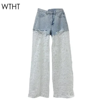 WTHT New Fashion Women's Diamonds Patchwork Lace Casual Jeans 2024 Winter Trendy High Waist Straight Denim Pants Female 1LS479 1