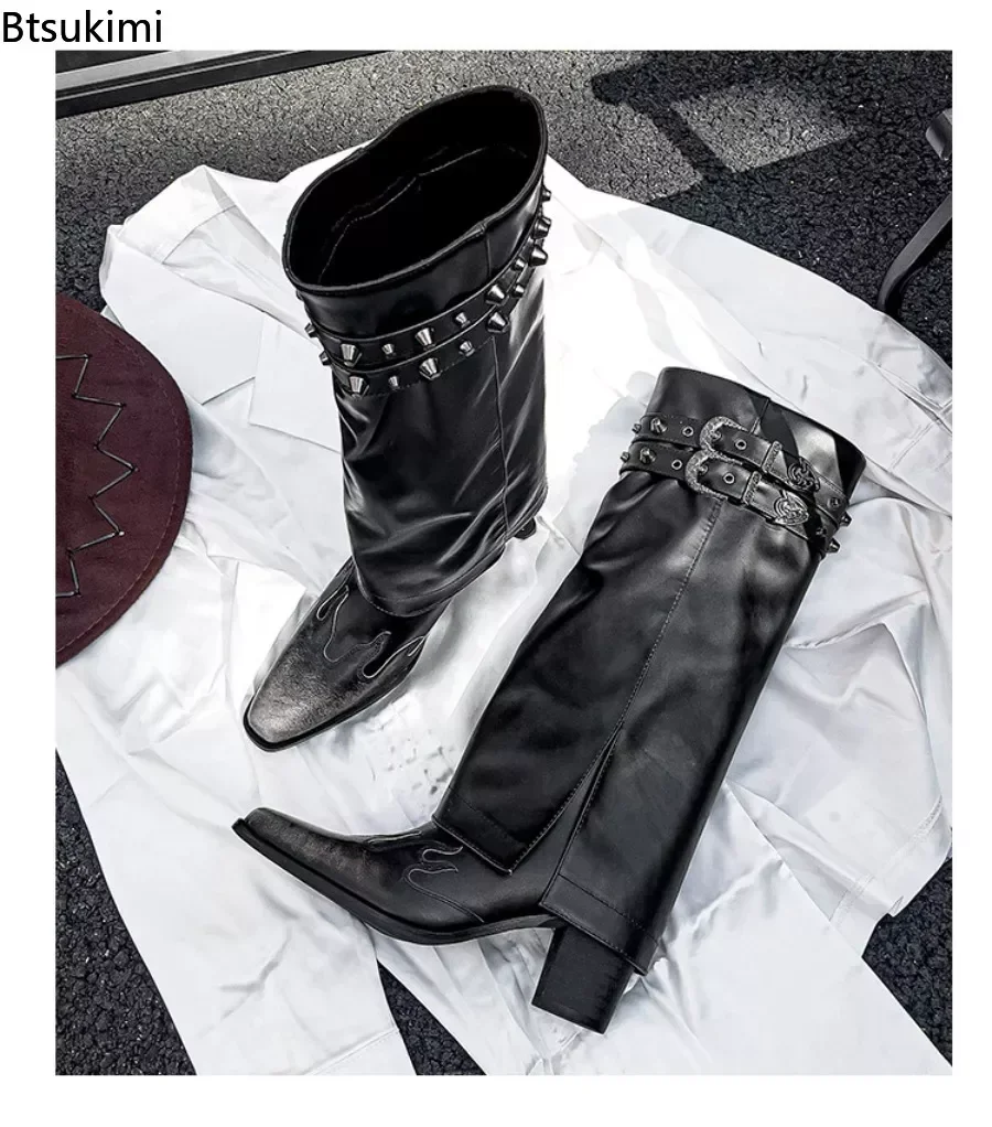 NewWomen's Western Straps Knee High Boots Pointed Toe Chunky High Heel Long Trouser Botas Mujer Gladiator Cowboy Boots for Women