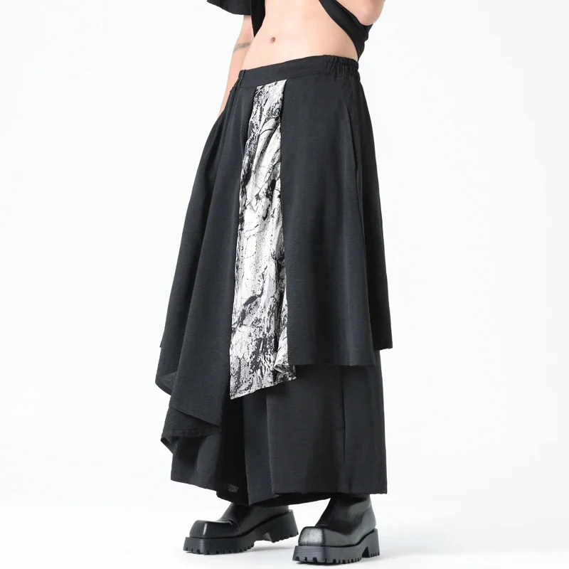 Pantalon de Style coréen pour hommes, nouveau Design décontracté, Streetwear, faux deux pièces, jambes larges, jupe, 2024