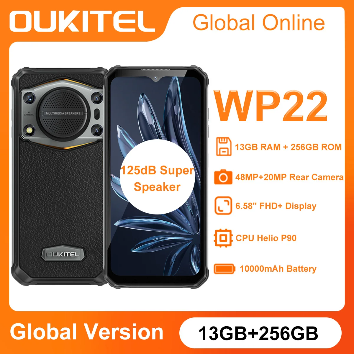 

Oukitel WP22 Rugged Smartphone 8GB 256GB 6.58" FHD+ Mobile Phones Android 13 10000 mAh 48MP Helio P90 Cell Phone