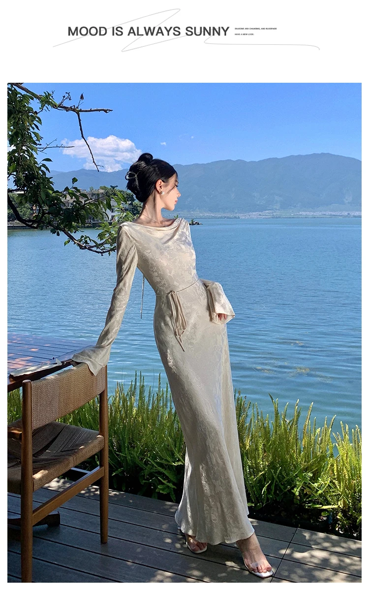 French Vintage Evening Dresses for Women Autumn Bodycon Wedding Prom Robe Flare Sleeve Swinging Collar Midi Vestidos Mujer New