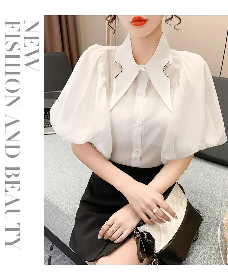 Summer Women's Tops Diamond Point Collar Lantern Short Sleeve White Shirt Korean Fashion Designer Women's Clothing Office