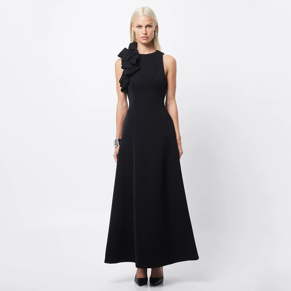 Black Prom Dress Maxi Ruffle O Neck A Line Ankle Length Simple Party Gowns for Women Sleeveless Pockets Evening Dresses