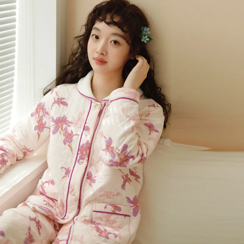 Pajama women's autumn and winter air cotton, pure cotton, winter cotton clip, new thickened and loose fitting home clothing set