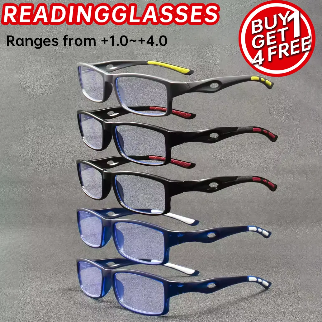 5PCS Sport Style Non-Prescription Reading Glasses Anti-Blue Light Rectangular Full Rim Eyewear, PC Frame Material