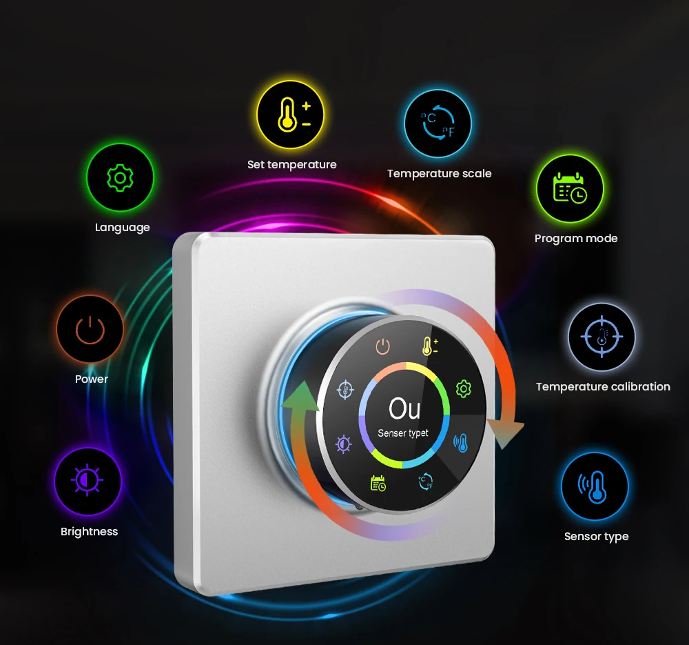 Smart Knob Thermostat, Multiple Scene Displays, Weekly Programming Mode, Work wi