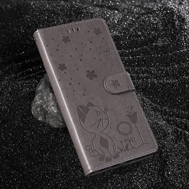 Cat and Bee Embossed Leather Wallet Cover