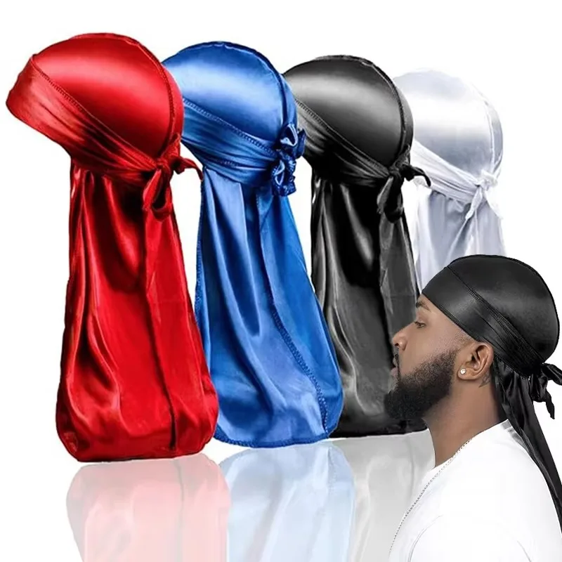 1-4Pcs Unisex silk Bandana Turban Hat Men Breathable Long Tail For Men Durags Pirate Hat Headband silk bandana hat