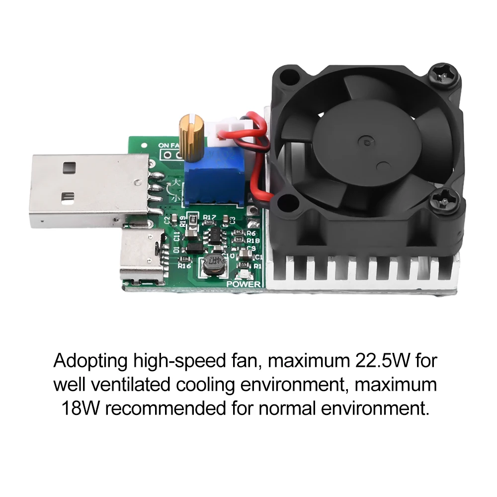 Módulo Resistor de Teste de Carga Eletrônico, USB e Interface Tipo C, Ajustável, Corrente Constante, Ventilador, 18W, 22.5W, 3A