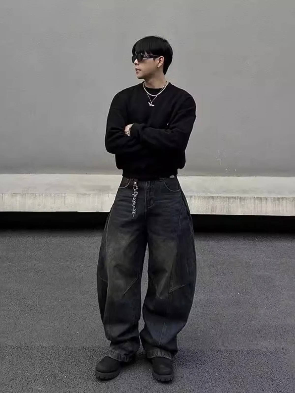 American High Street Baggy Silhouette Deep Blue Curved Knife Jeans Men's Waed Retro Banana Wide Leg Casual Scythe Pants