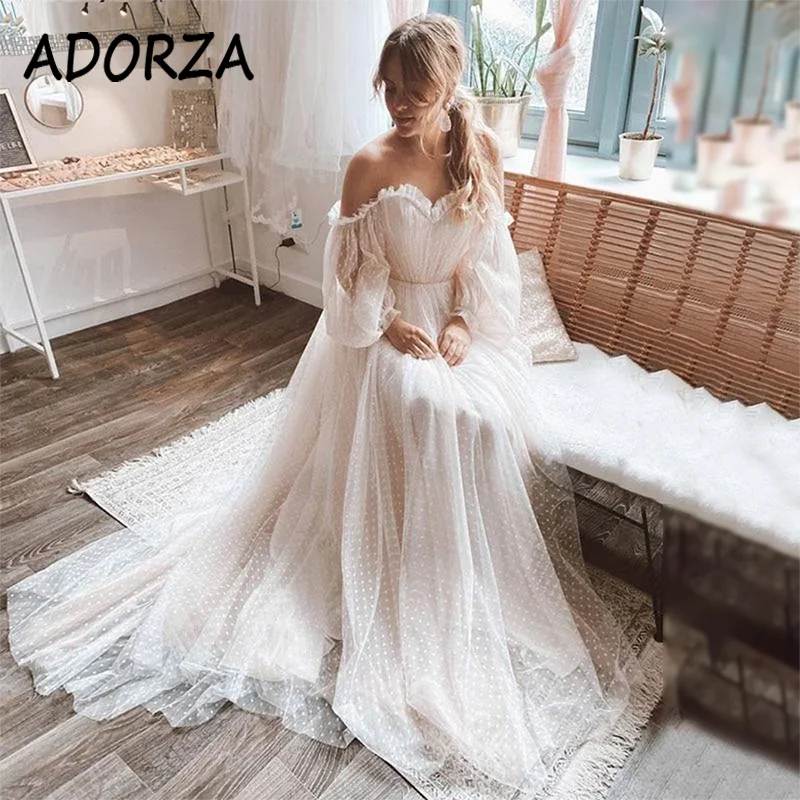 

ADORZA Wedding Dress Elegant Ruffles Sweetheart A-line Bridal Gown Long Puffy Sleeves Court Train Vestido De Noiva for Bride