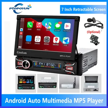 Ptopoyun 1 Din Wireless Carplay Multimedia Video MP5 Player 7 Inch Retractable Screen Android Auto Bluetooth Audio Stereo No DVD