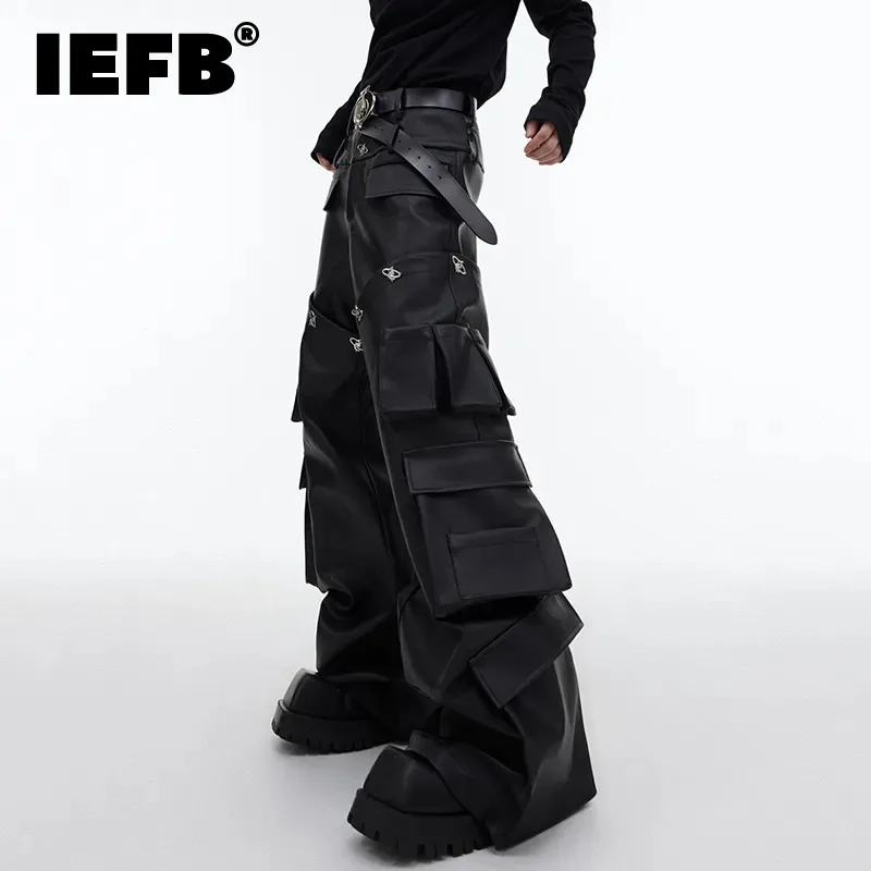

IEFB Men's Trend Cargo Pants Niche Design Threedimensional Multi Pocket Wide Leg Overalls Fashion Clothes PU Leather Pant 9C2646