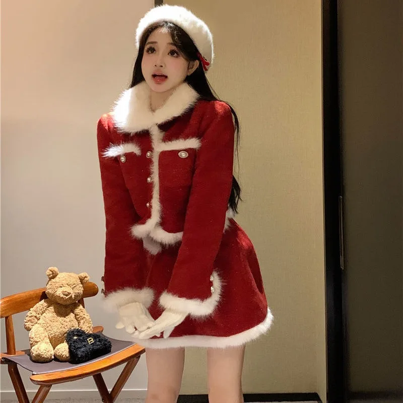 

Sweet Red Plush Splice Coat Fluffy Skirt Two-piece Set Women Christmas Soft Fashion Cute Lapel Bead Winter Slim New Year Suit
