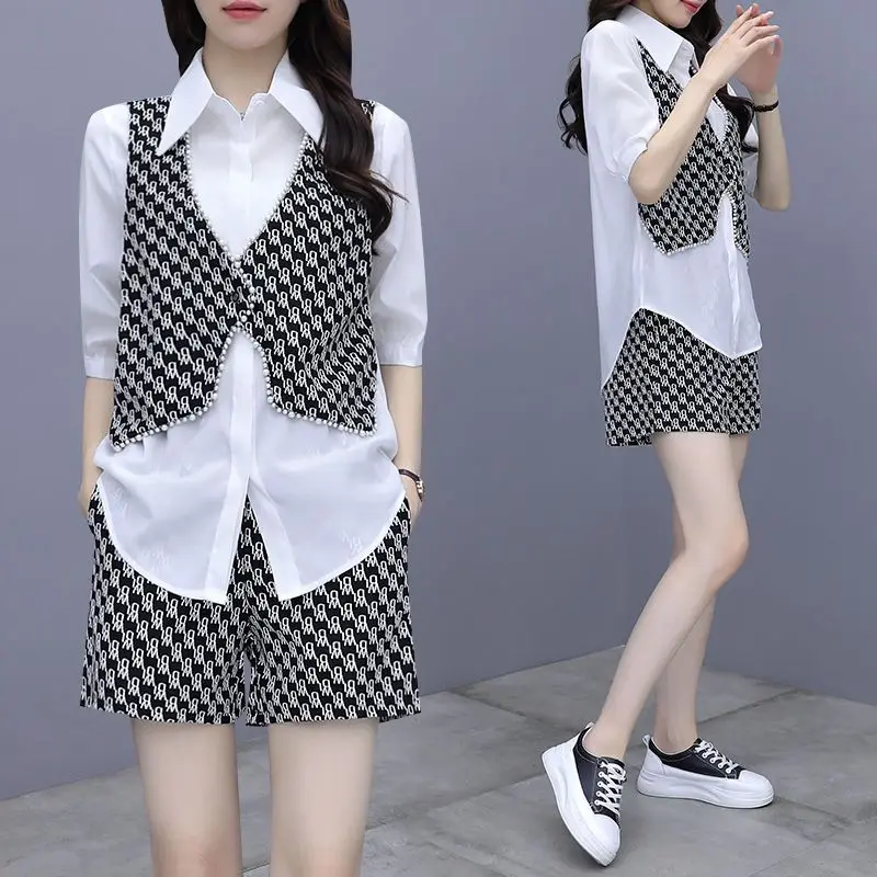 Female Printed Patchwork Matching Sets Chic Pearl Beading Fake Two Pieces Summer Single-breasted Elastic Korean Loose Short Sets high end black and white color matching off shoulder fake two piece shirt women s summer niche chic sun protection top fashion