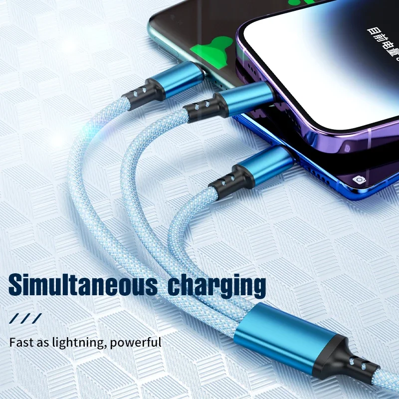 Universal 1.2m 3-in-1 Fast Charging Cable with USB Multi-Port and Type C/Micro USB Connectors