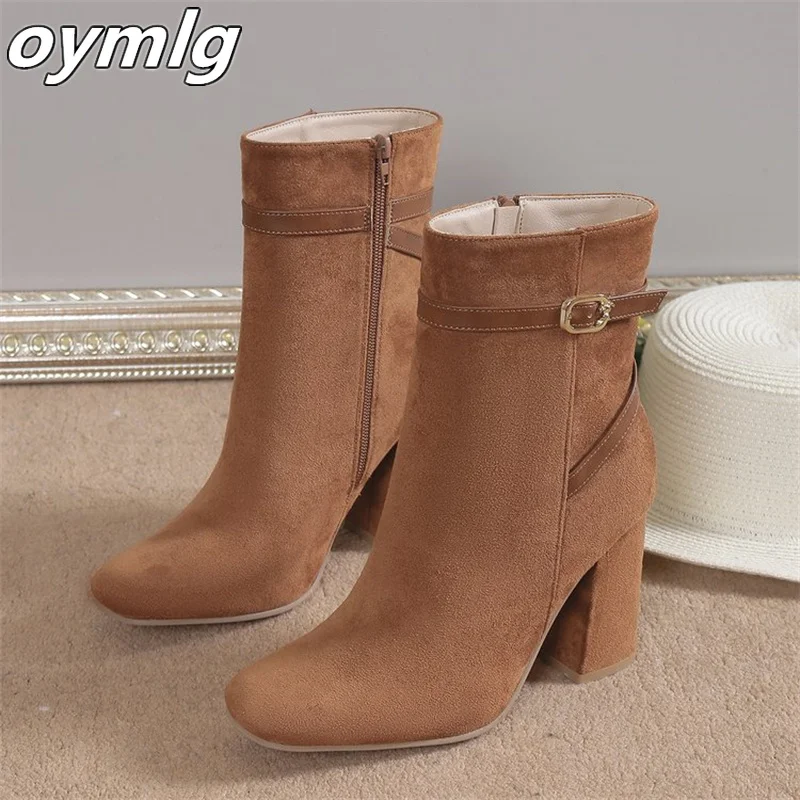 Winter New Fashion Boots Women's Temperament Pointed Suede Belt Buckle Thick Heels High Heels Large Size Short Boots Wholesale