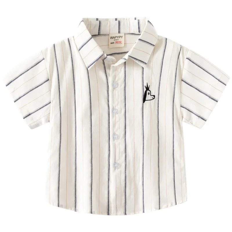 Boy's Short Sleeve Shirt Summer New Korean Children's Striped Embroidered Baby Loose Shirts Kids Costumes