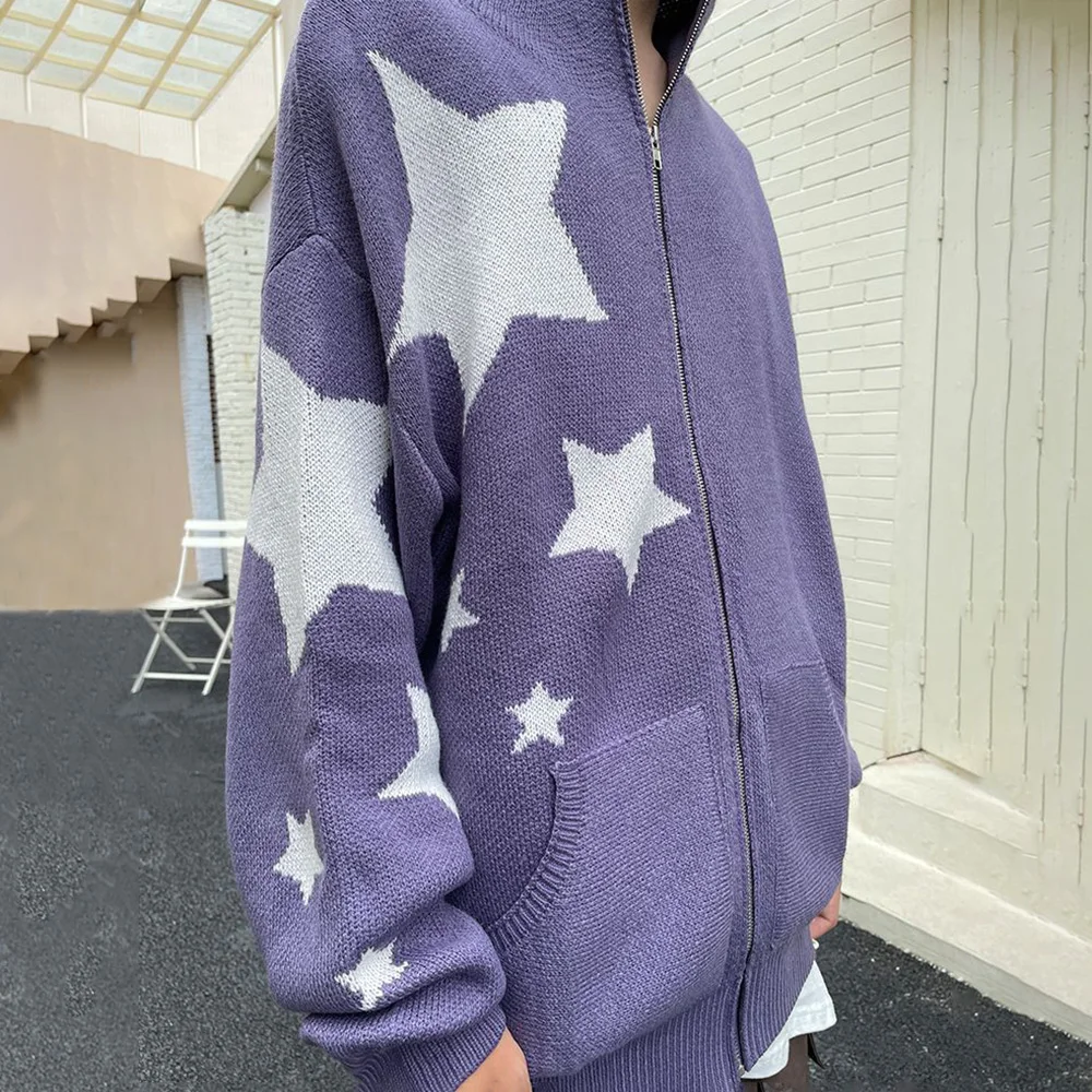 Star Zipper Cardigan Men Hooded Knitted Sweater Y2K Streetwear Spring Fall American Loose Casual All-match Hooded Sweater Jacket