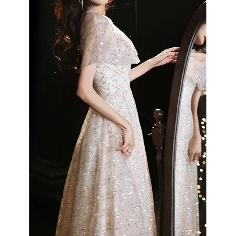 Sparkling Champagne Prom wedding party dress Off The Shoulder A-line Elegant Slim Evening Dresses Bridesmaid  vestido de festa