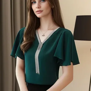 New Chiffon Women's Tops and Blouses Summer Women Short Sleeve Shirts Green Woman Clothing V-Neck Lady V Neck Blusas 3897